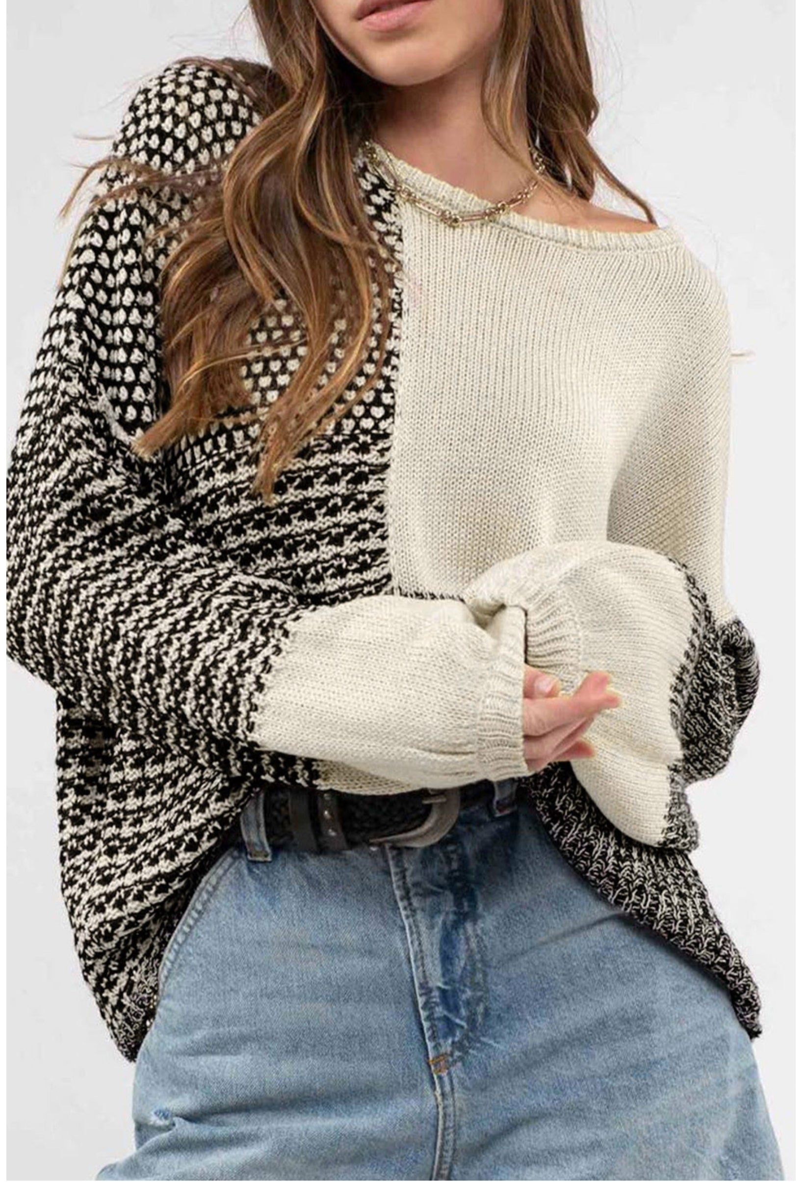 Black and Cream Color Block Sweater