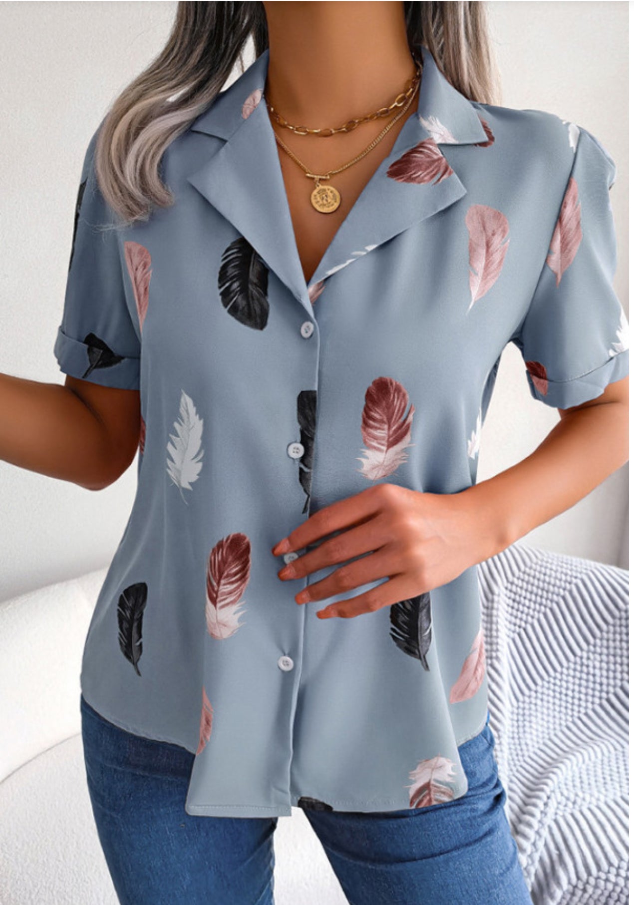 Button Up Feather Print Shirt