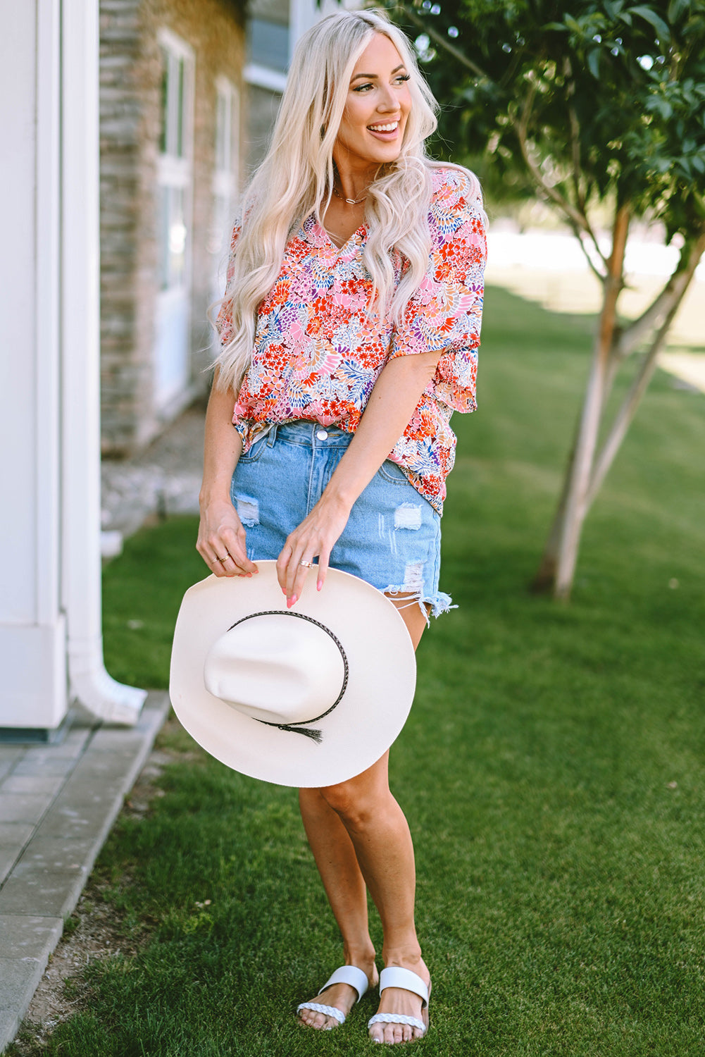 Multicolored Notched v neckBlouse