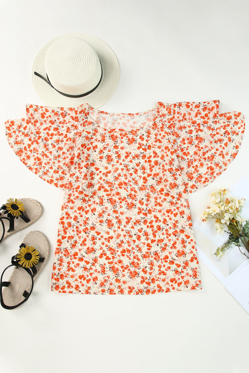 Tiered Floral Flutter Sleeve Blouse