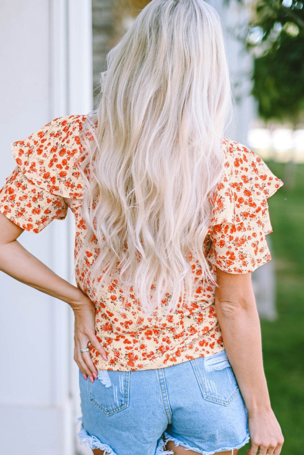 Tiered Floral Flutter Sleeve Blouse