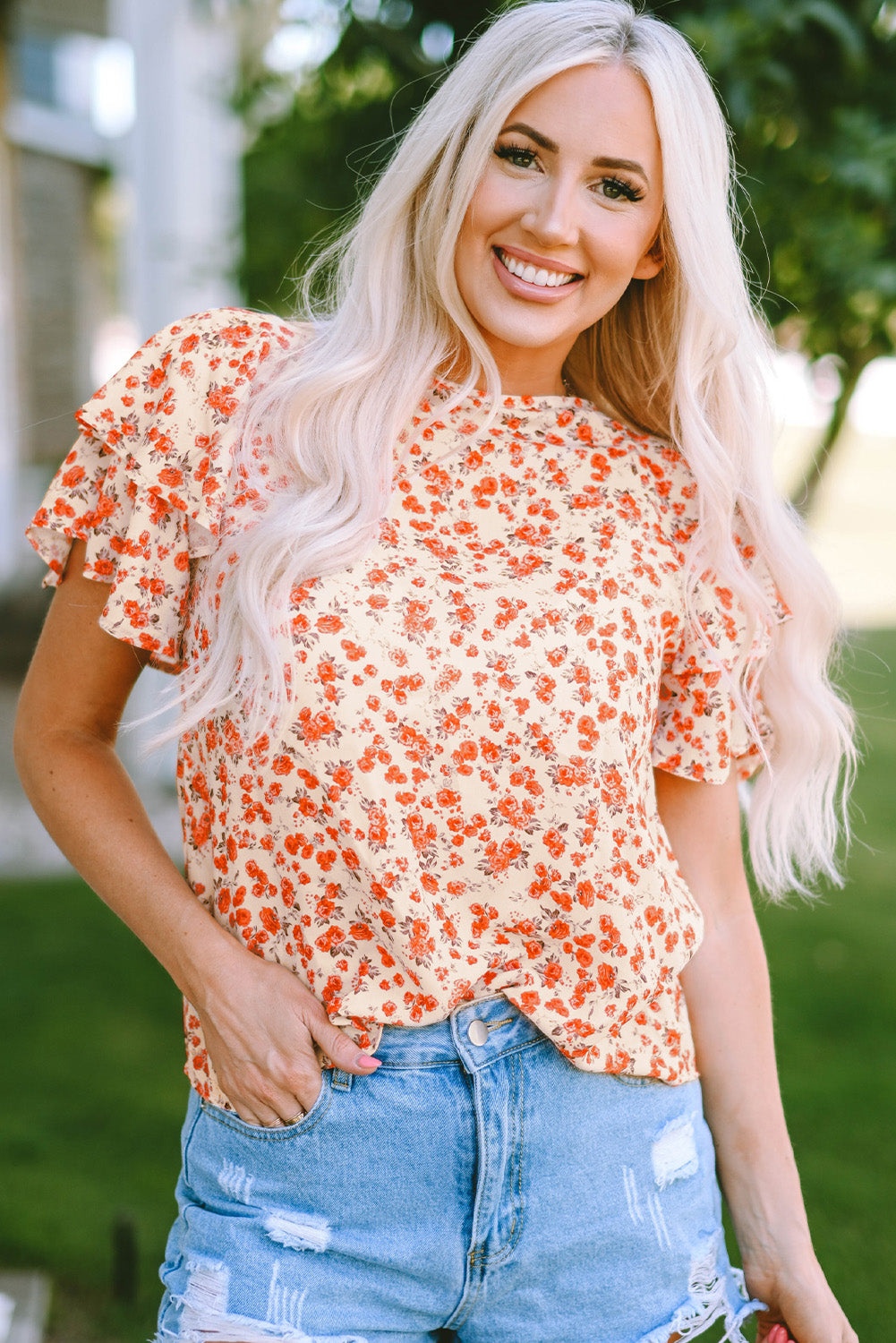 Tiered Floral Flutter Sleeve Blouse