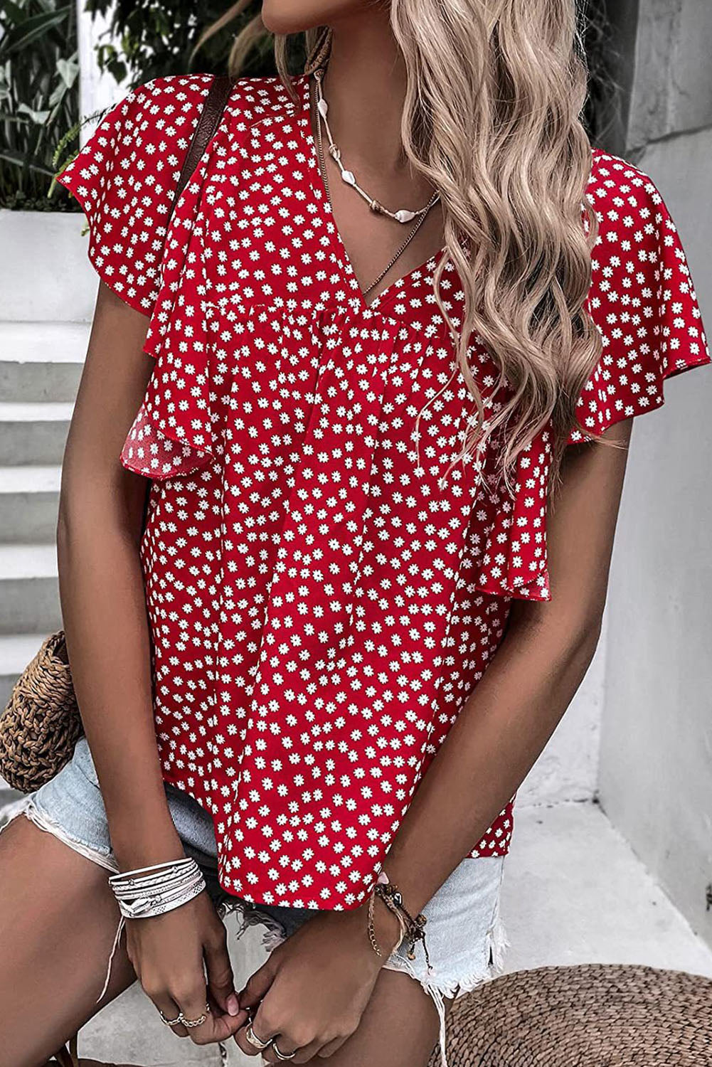 Red Floral Ruffle Sleeve Blouse