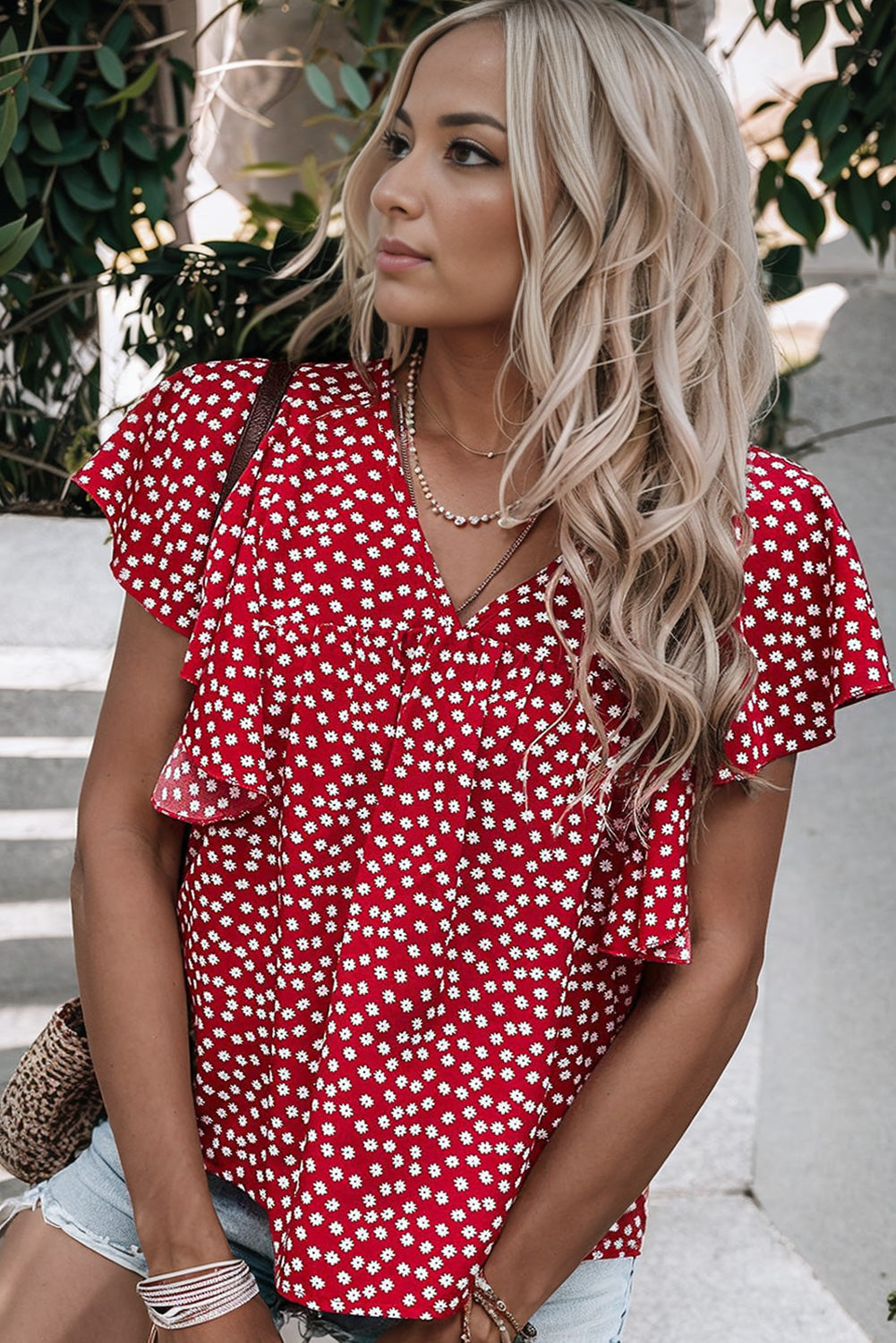 Red Floral Ruffle Sleeve Blouse