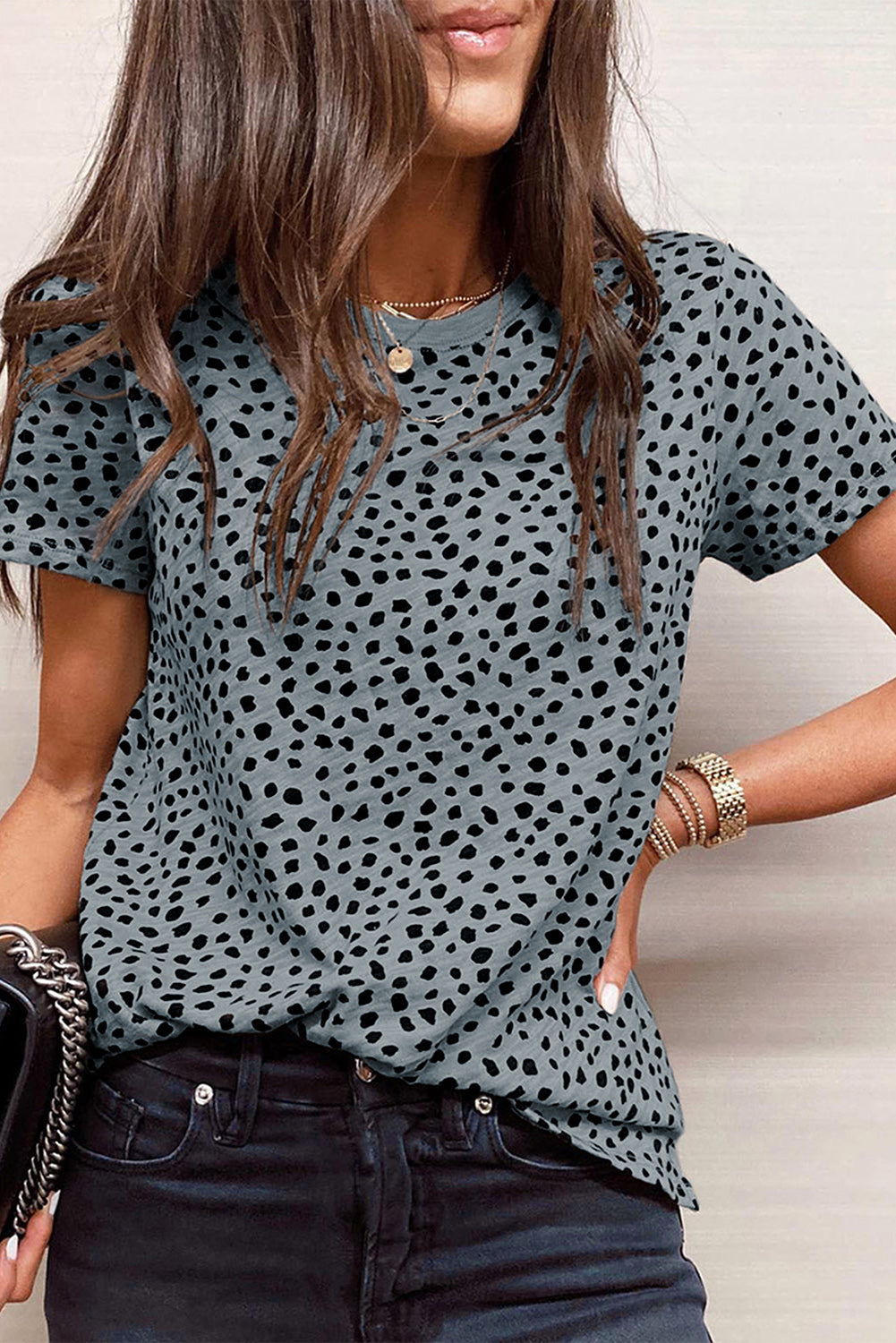 Short Sleeve Cheetah Print Blouse Blue/Gray