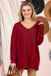 Loose Fit Tunic Length Sweater - Wine Red