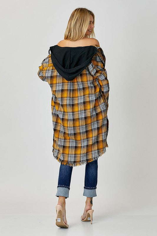 Long Plaid Flannel Shirt with Hoodie