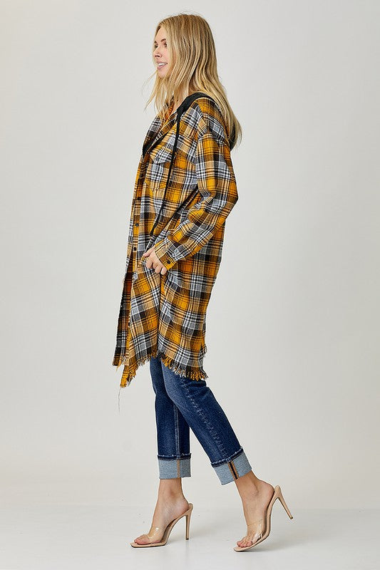 Long Plaid Flannel Shirt with Hoodie