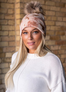 Cream and Tan Tie Dye Beanie with Pom