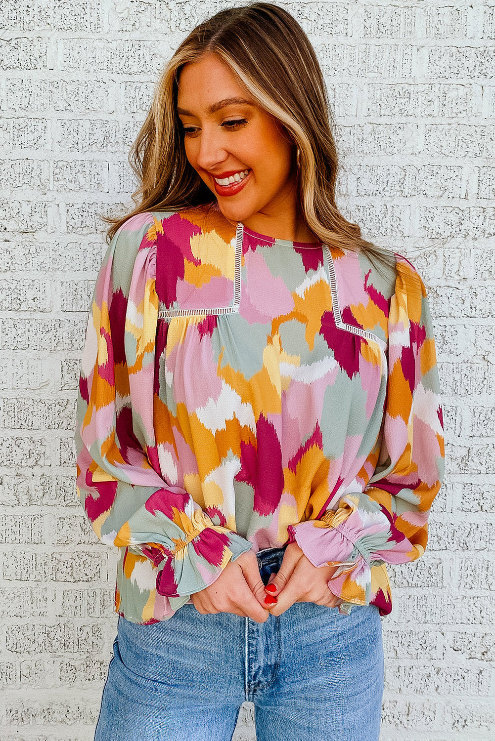 Abstract Puff Sleeve Blouse 2 Color Schemes